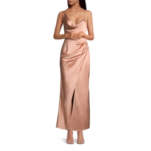 NWT Significant Other Aria Gathered Satin Maxi Dress in Nougat Size 8 Slit Hem - Picture 1 of 12